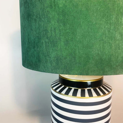 Humbug Black & White Stripe Tall Ceramic Table Lamp with Emerald Green Recycled Fabric Drum Shade