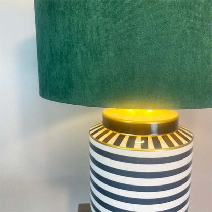 Humbug Black & White Stripe Tall Ceramic Table Lamp with Emerald Green Recycled Fabric Drum Shade