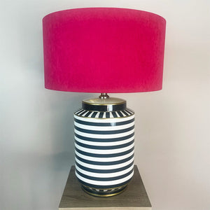 Humbug Black & White Stripe Tall Ceramic Table Lamp with Fuchsia Pink Recycled Fabric Drum Shade