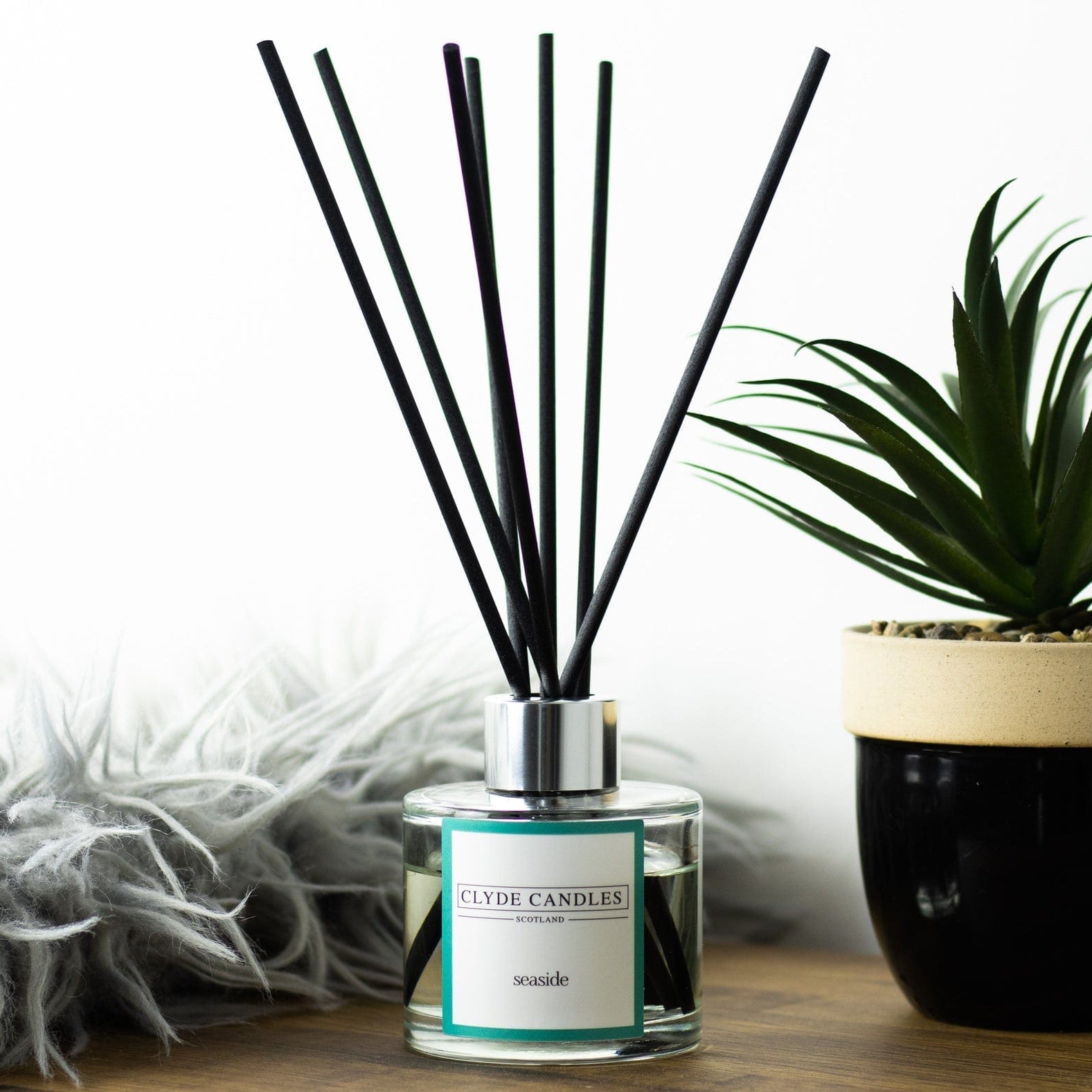 Diffuser with black sticks and a plant on a wooden surface