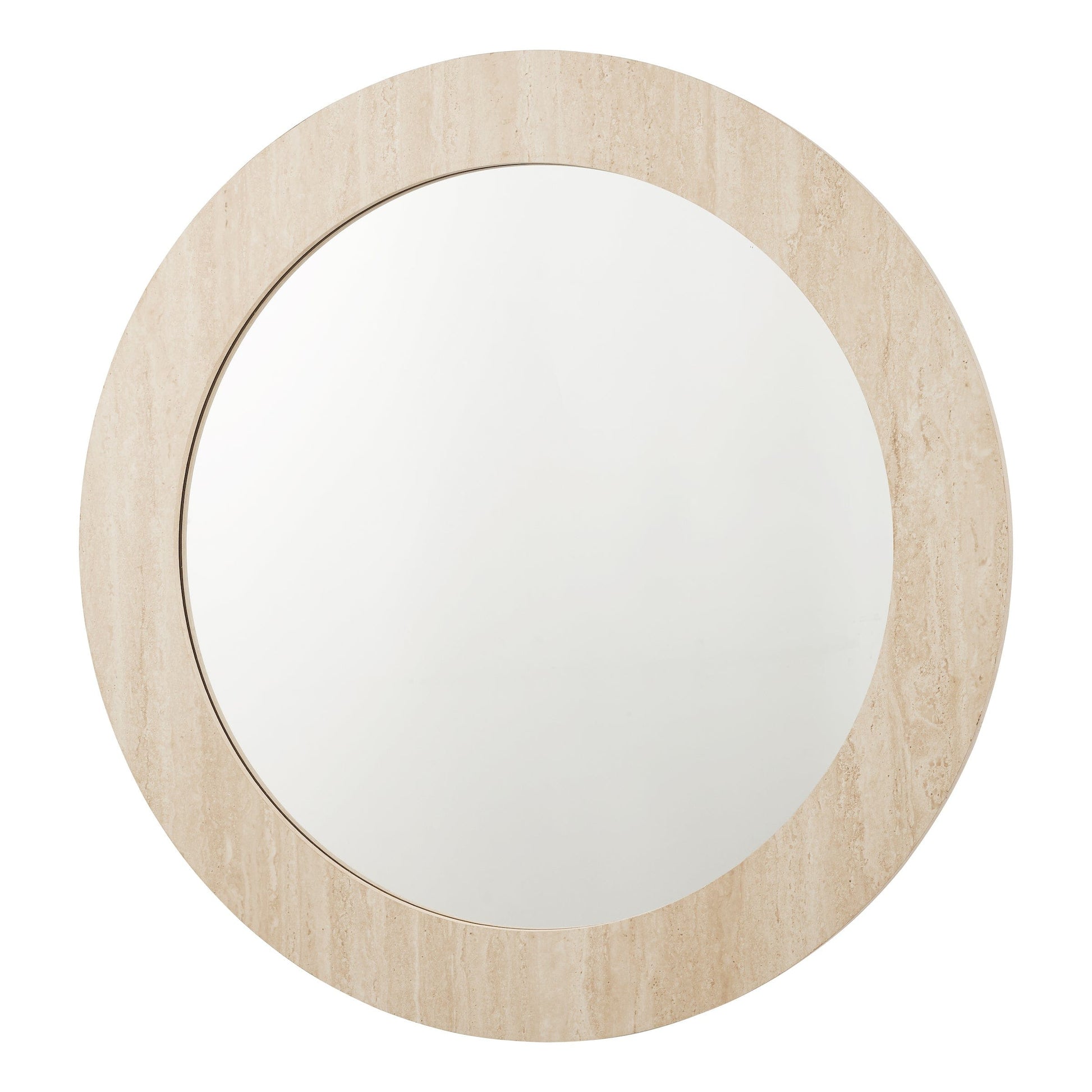 Round mirror with a light wood frame on a white background