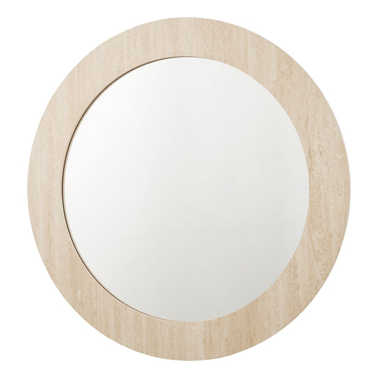 Round mirror with a light wood frame on a white background