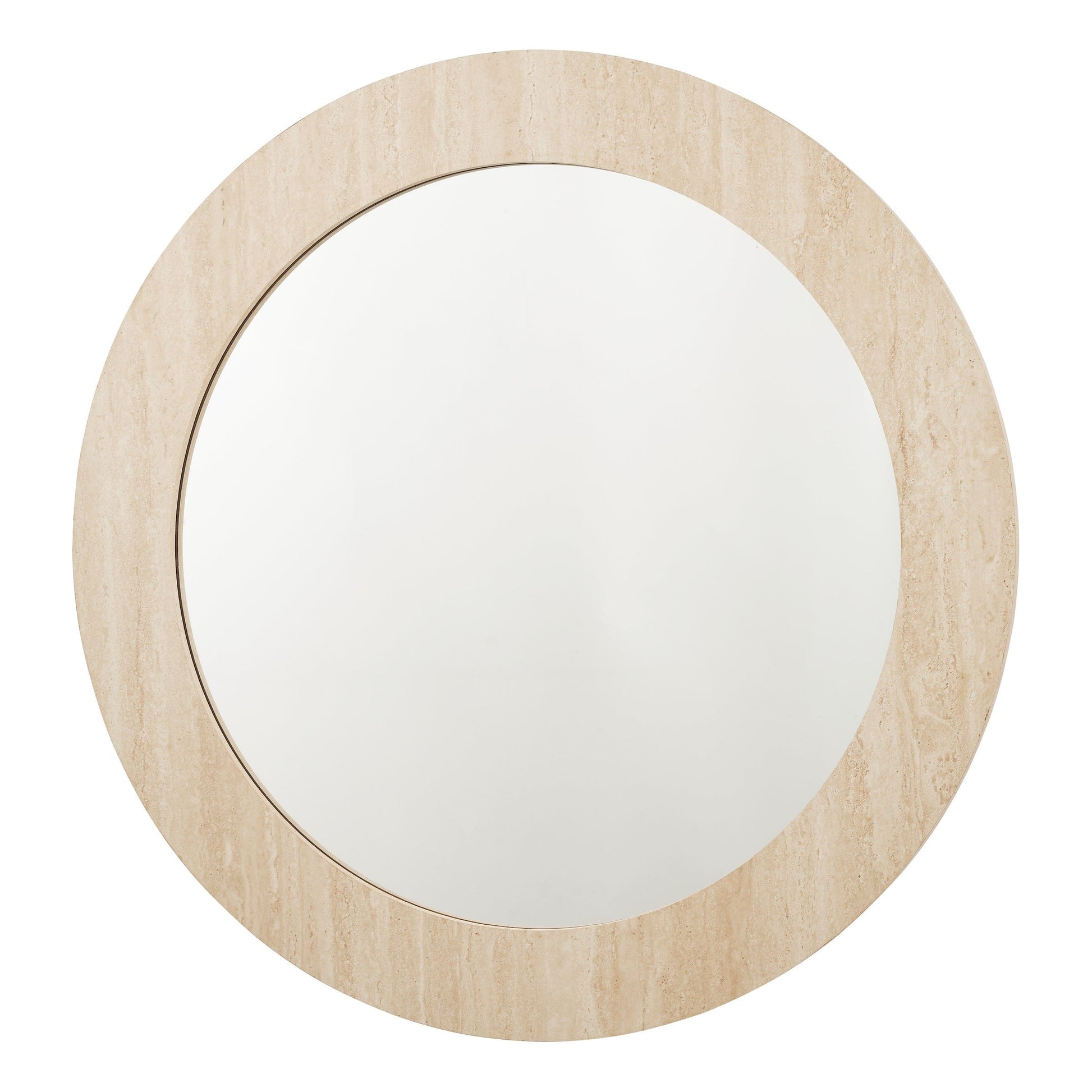 Round mirror with a wooden frame on a white background