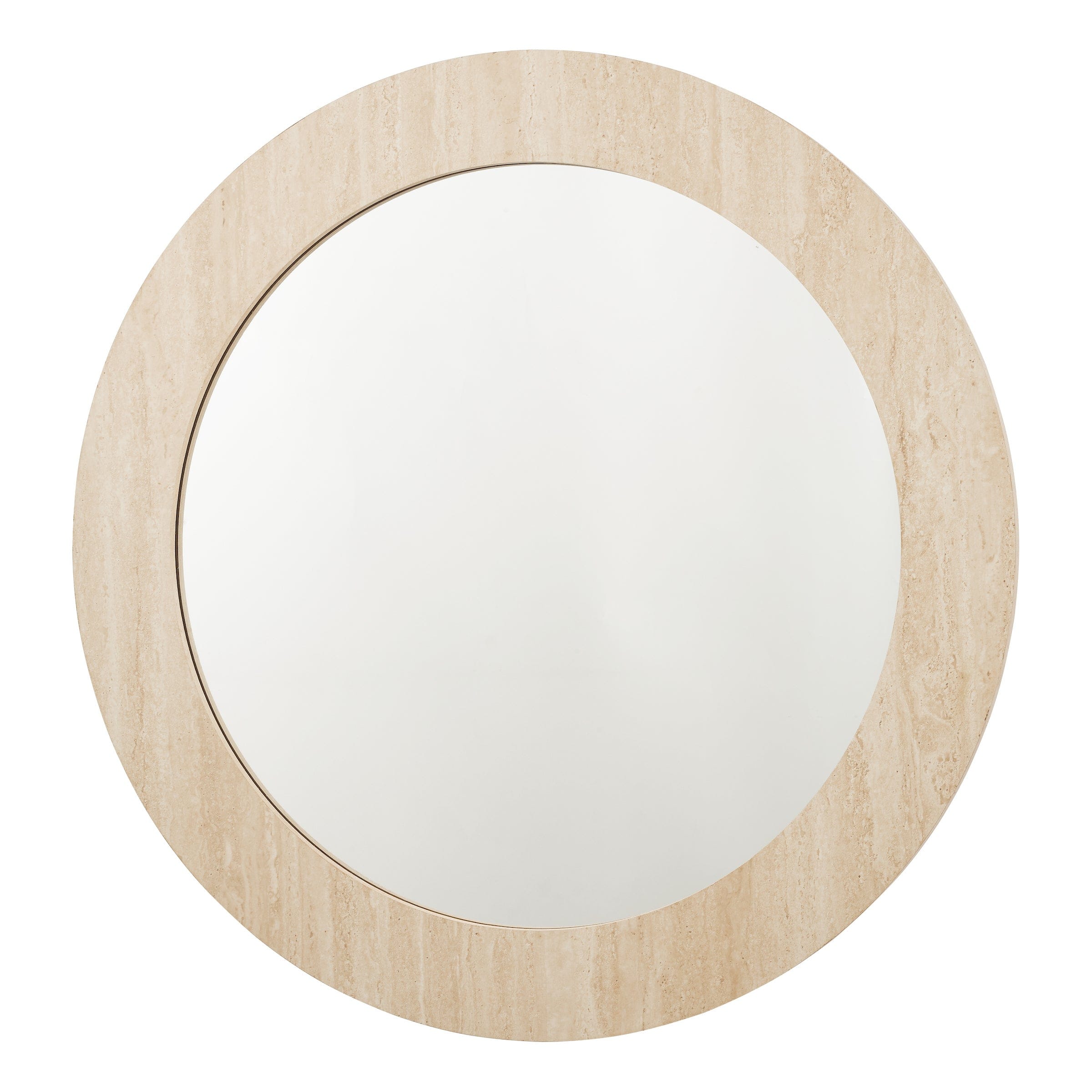 Round mirror with a wooden frame on a white background