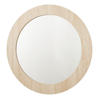 Round mirror with a wooden frame on a white background