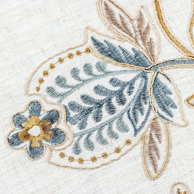 Close-up of embroidered floral design on fabric
