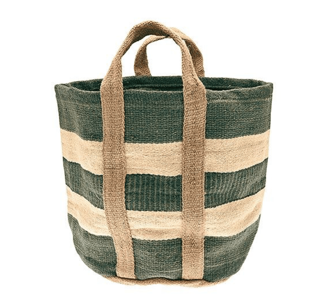 Woven basket with green and beige stripes on a white background