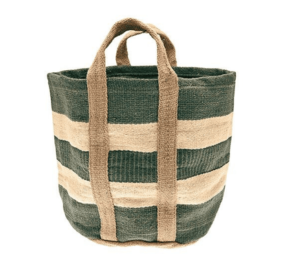 Woven basket with green and beige stripes on a white background
