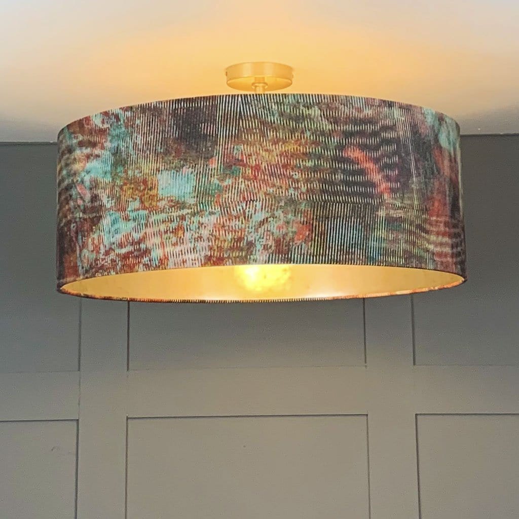 Chameleon Velvet Pendant Shade Lined with Champagne Burnished Wallpaper