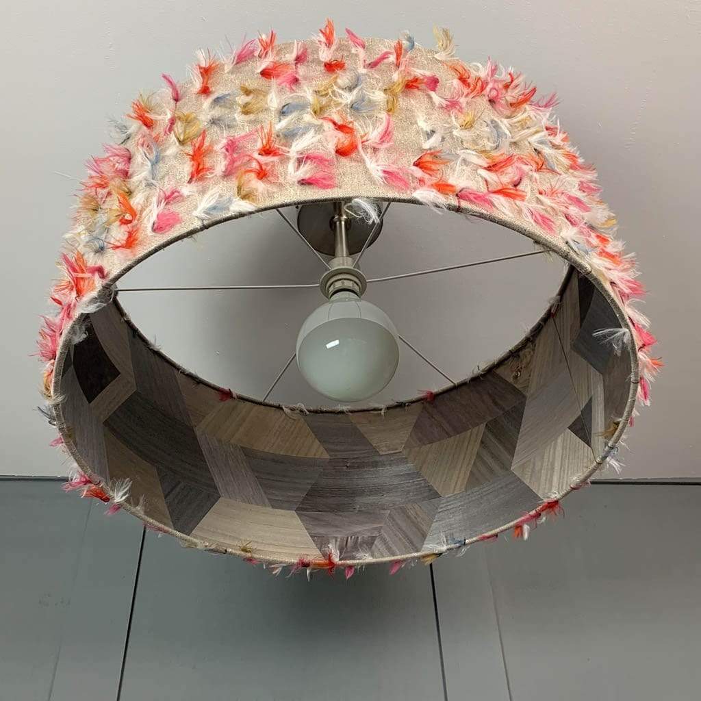 Fluffy Rainbow Pendant Shade with Arte Formation Grey Wallpaper Lining