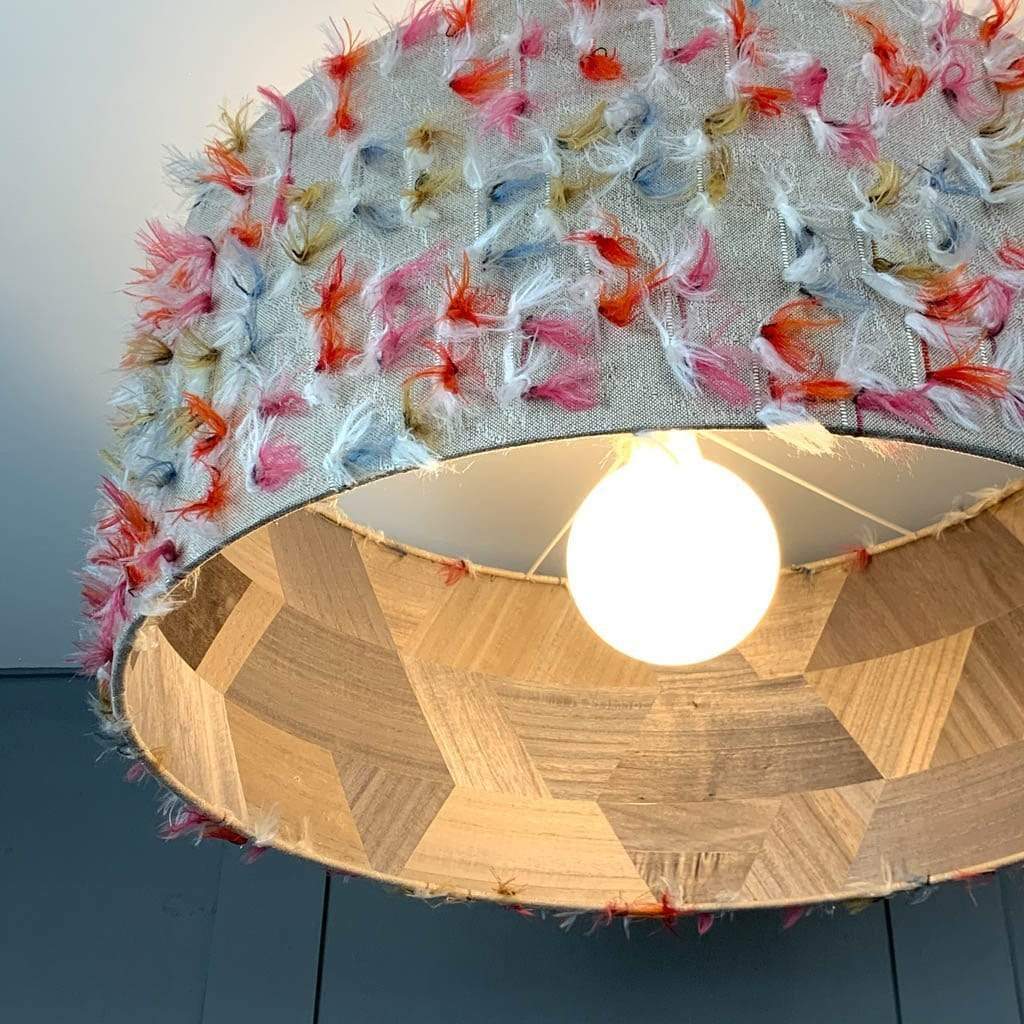 Fluffy Rainbow Pendant Shade with Arte Formation Grey Wallpaper Lining
