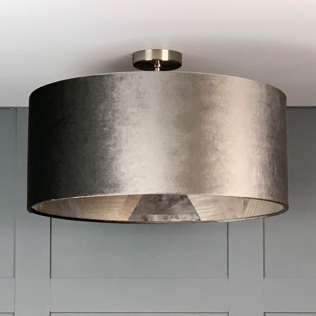 Letino Mercury Grey Velvet Pendant Shade with Arte Formation Grey Wallpaper Lining