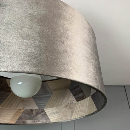 Letino Mercury Grey Velvet Pendant Shade with Arte Formation Grey Wallpaper Lining