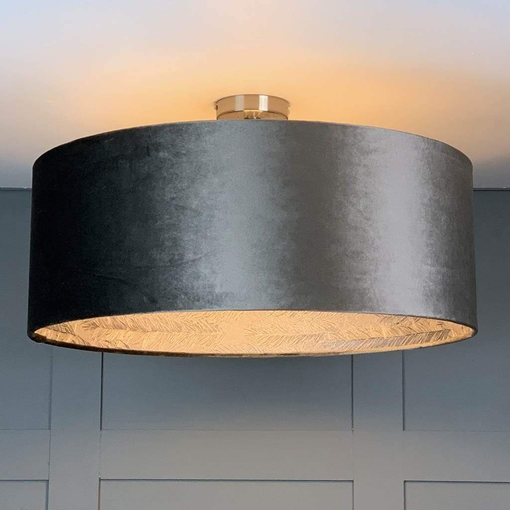 Letino Mercury Grey Velvet Pendant Shade with Silver Feather Wallpaper Lining