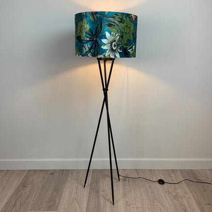 Black Brondby Tripod Floor Lamp with Passiflora Kingfisher Shade