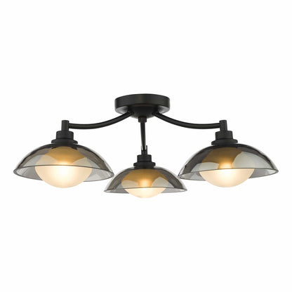 Three-light ceiling fixture with black and opal design on a white background