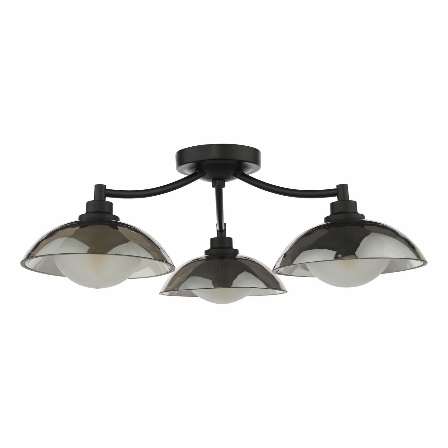 Three-light ceiling fixture with black metal and glass shades on a white background