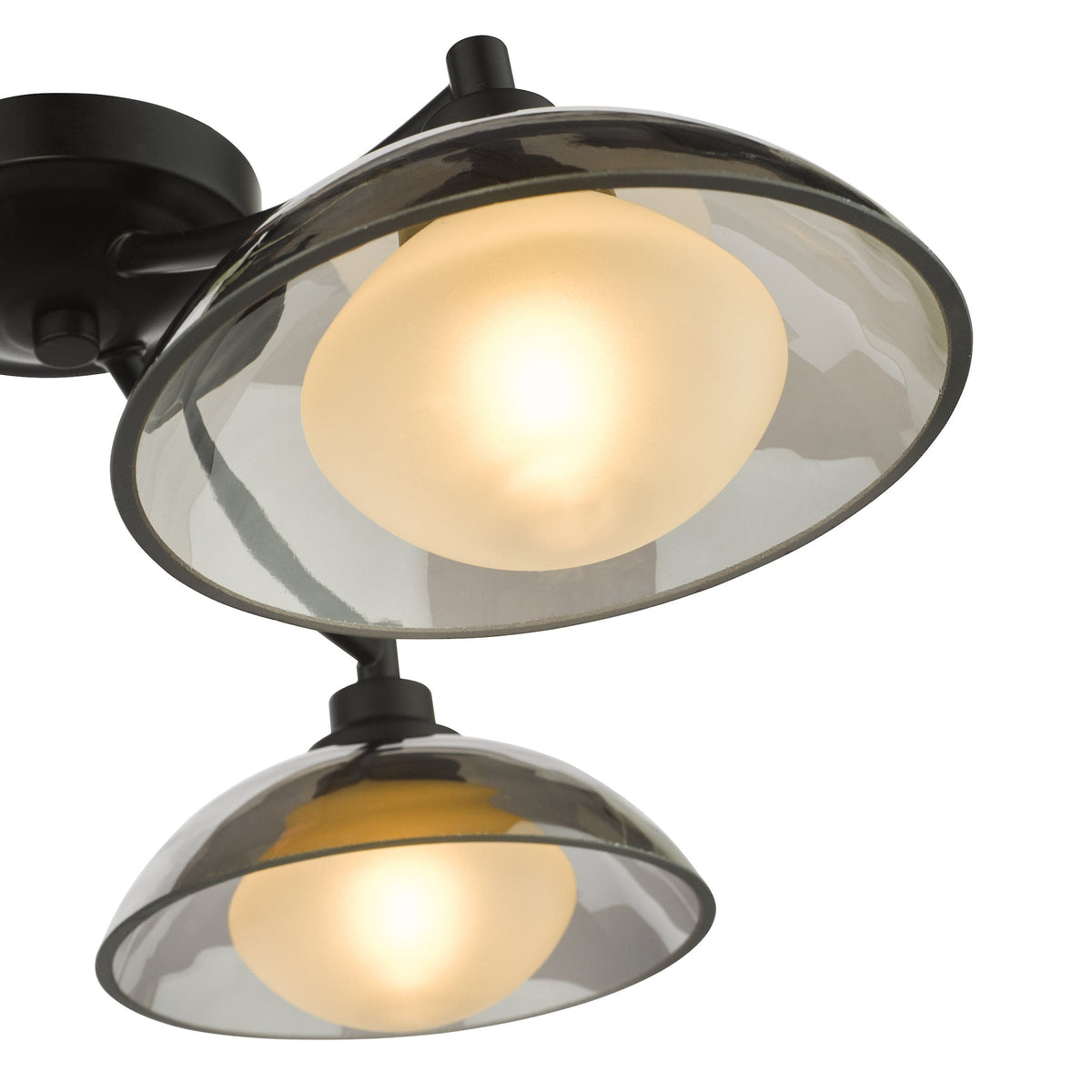 Ceiling light fixture with two glass shades on a white background