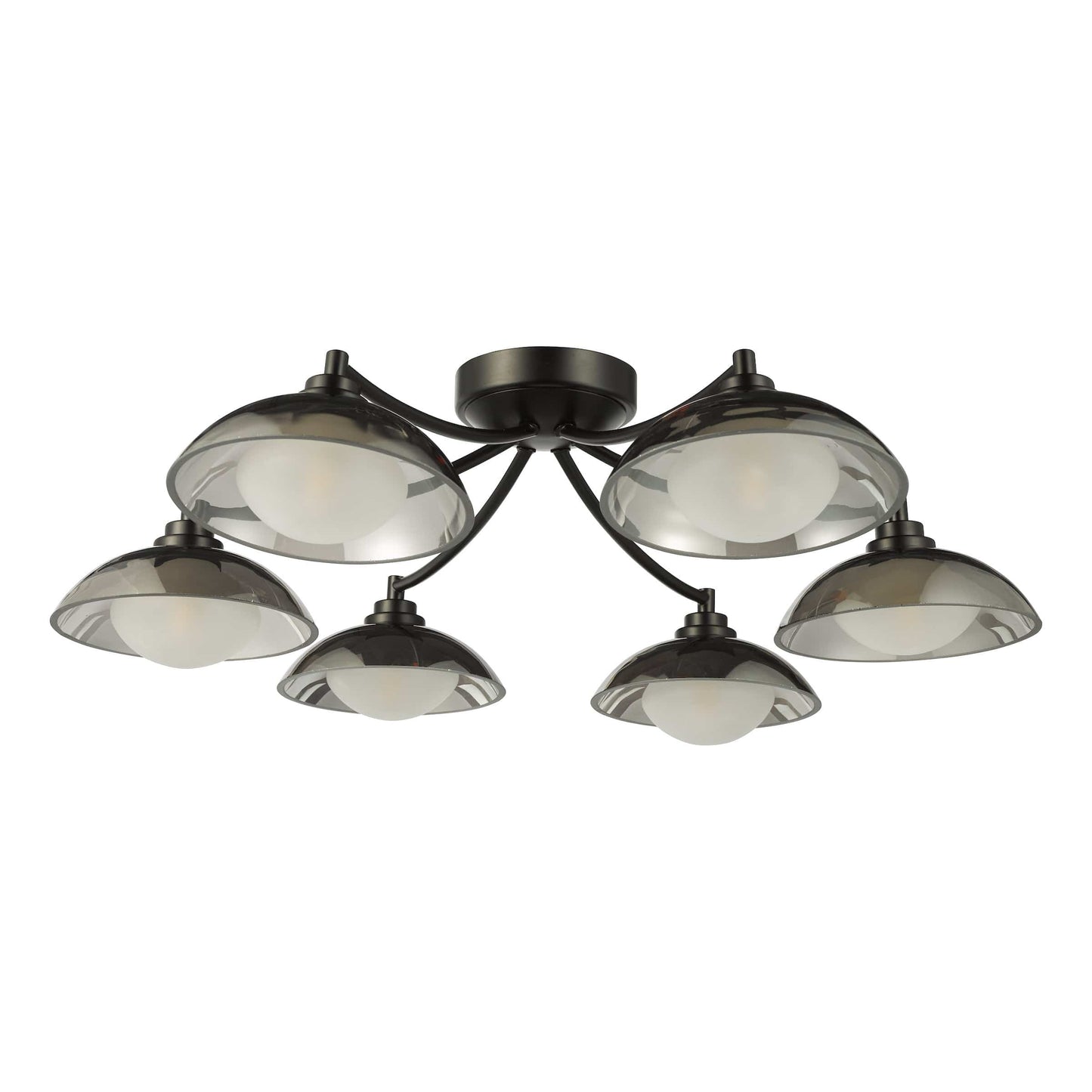 Ceiling light fixture with six glass shades on a white background