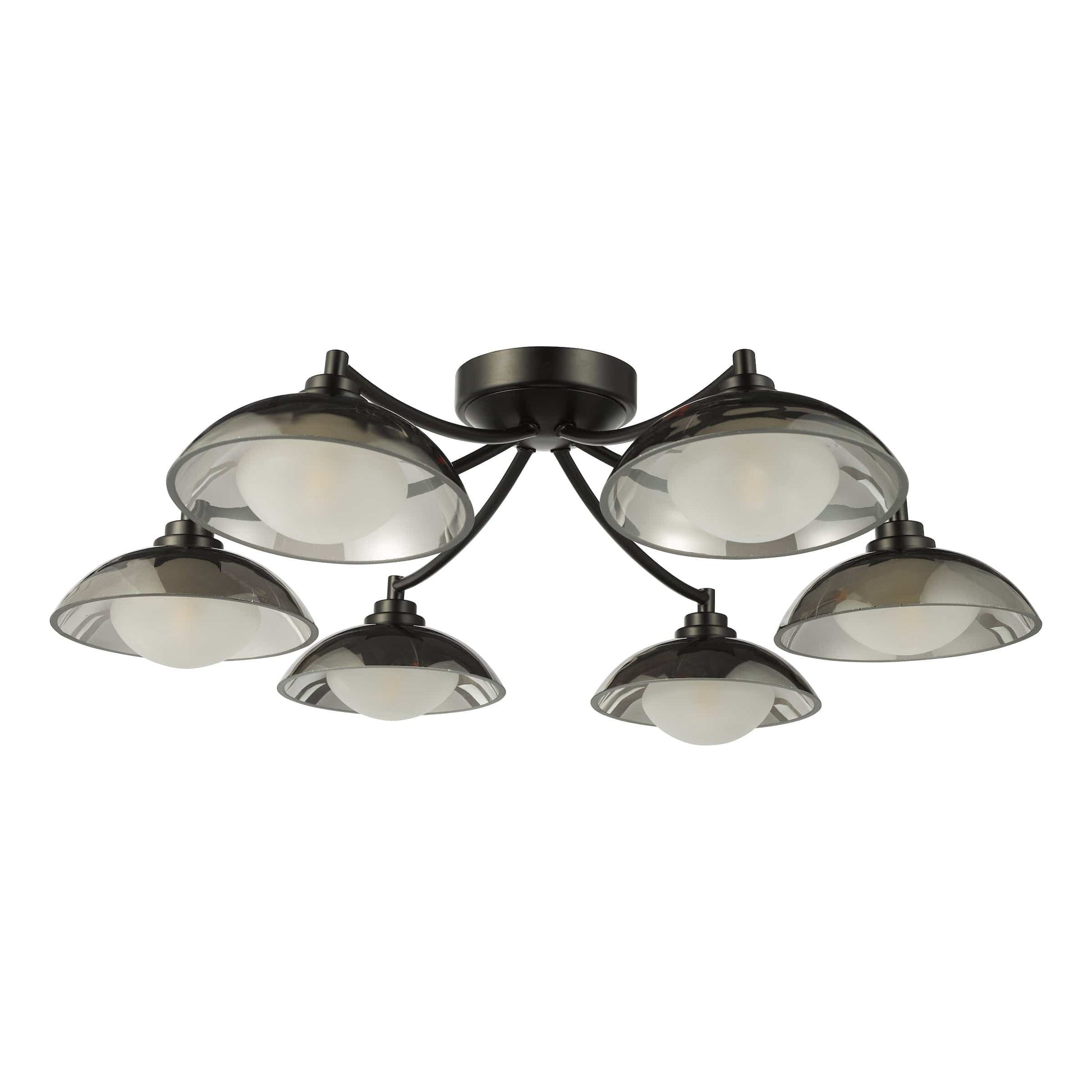 Ceiling light fixture with six glass shades on a white background