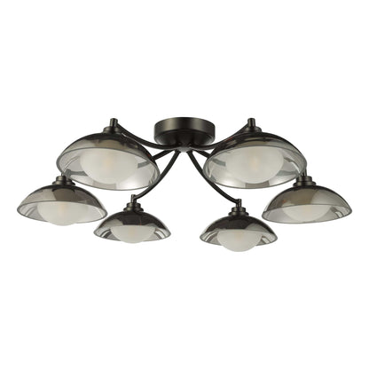 Ceiling light fixture with six glass shades on a white background