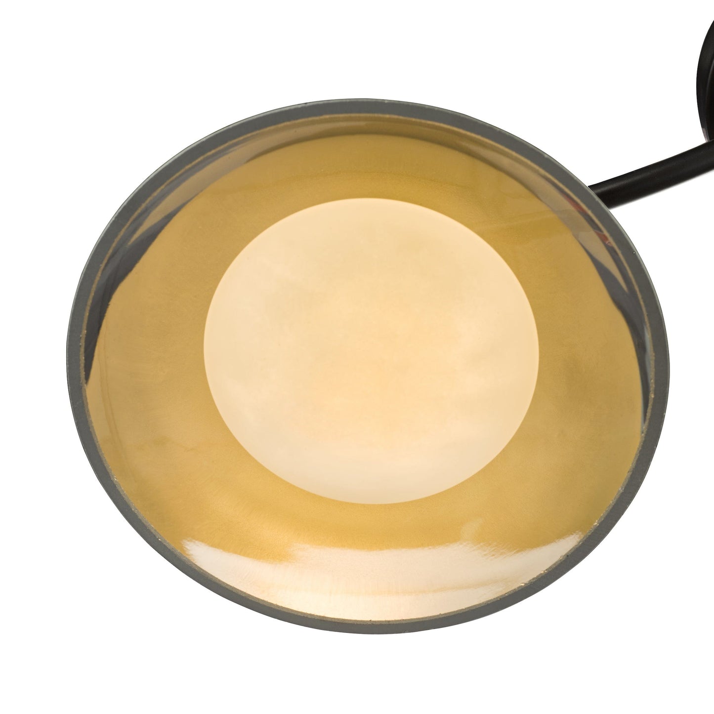 Close-up of a round light fixture with a yellowish-brown glass cover on a white background