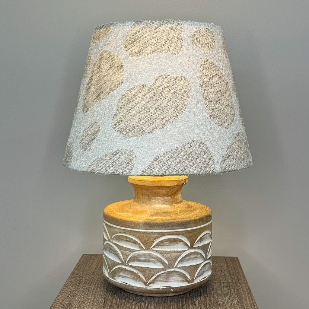 Kingsbury Small White Wash Carved Table Lamp with Bodie Ecru Boucle Tapered Shade