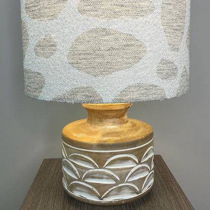 Kingsbury Small White Wash Carved Wood Table Lamp with Bodie Boucle Ecru Shade