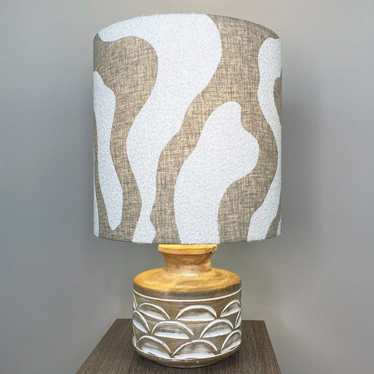 Kingsbury Small White Wash Carved Wood Table Lamp with Sigrid Birch Boucle Shade