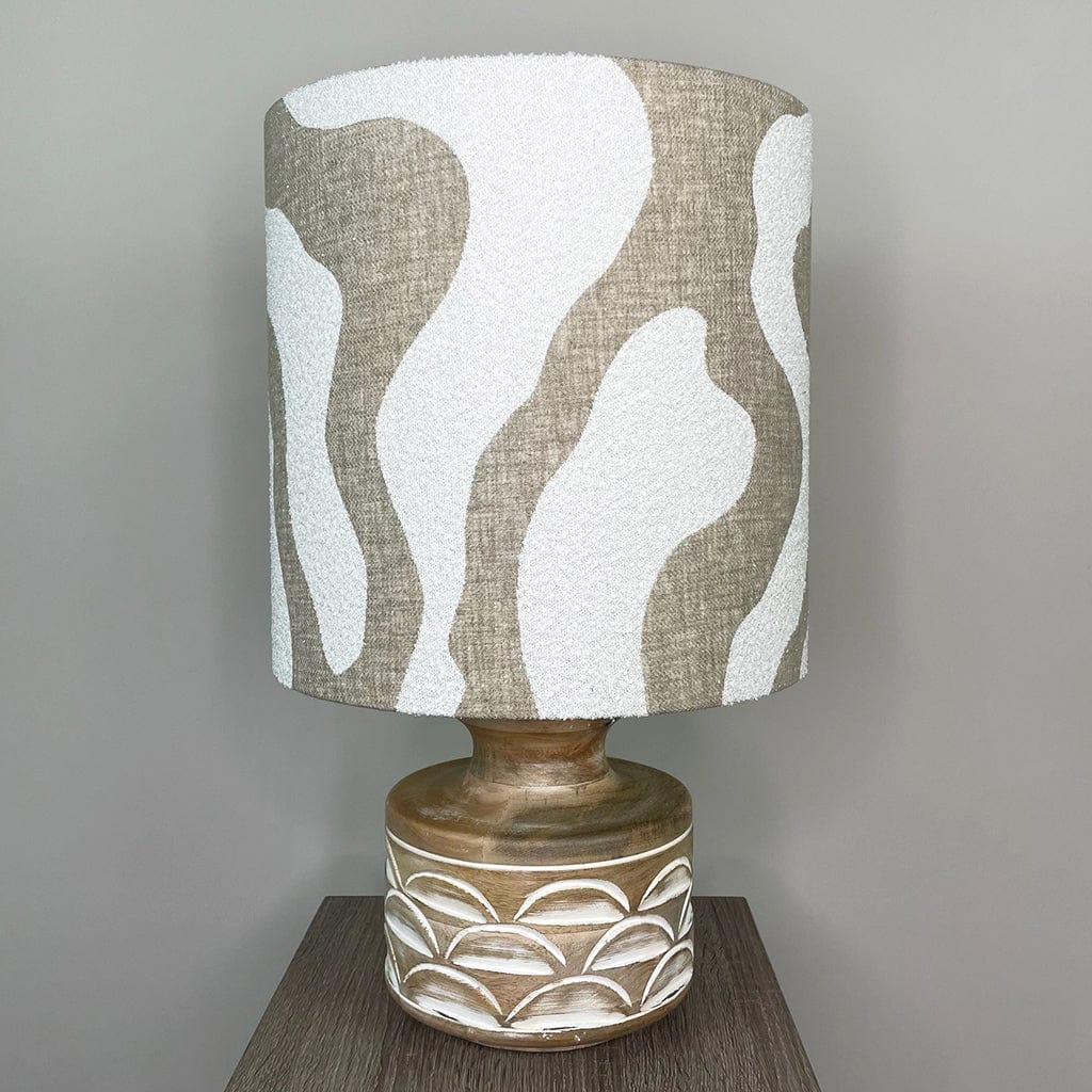 Kingsbury Small White Wash Carved Wood Table Lamp with Sigrid Birch Boucle Shade