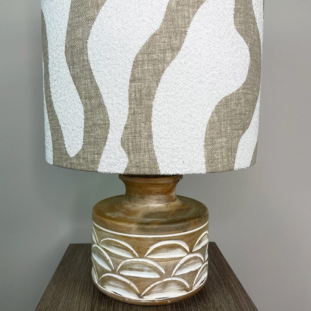 Kingsbury Small White Wash Carved Wood Table Lamp with Sigrid Birch Boucle Shade