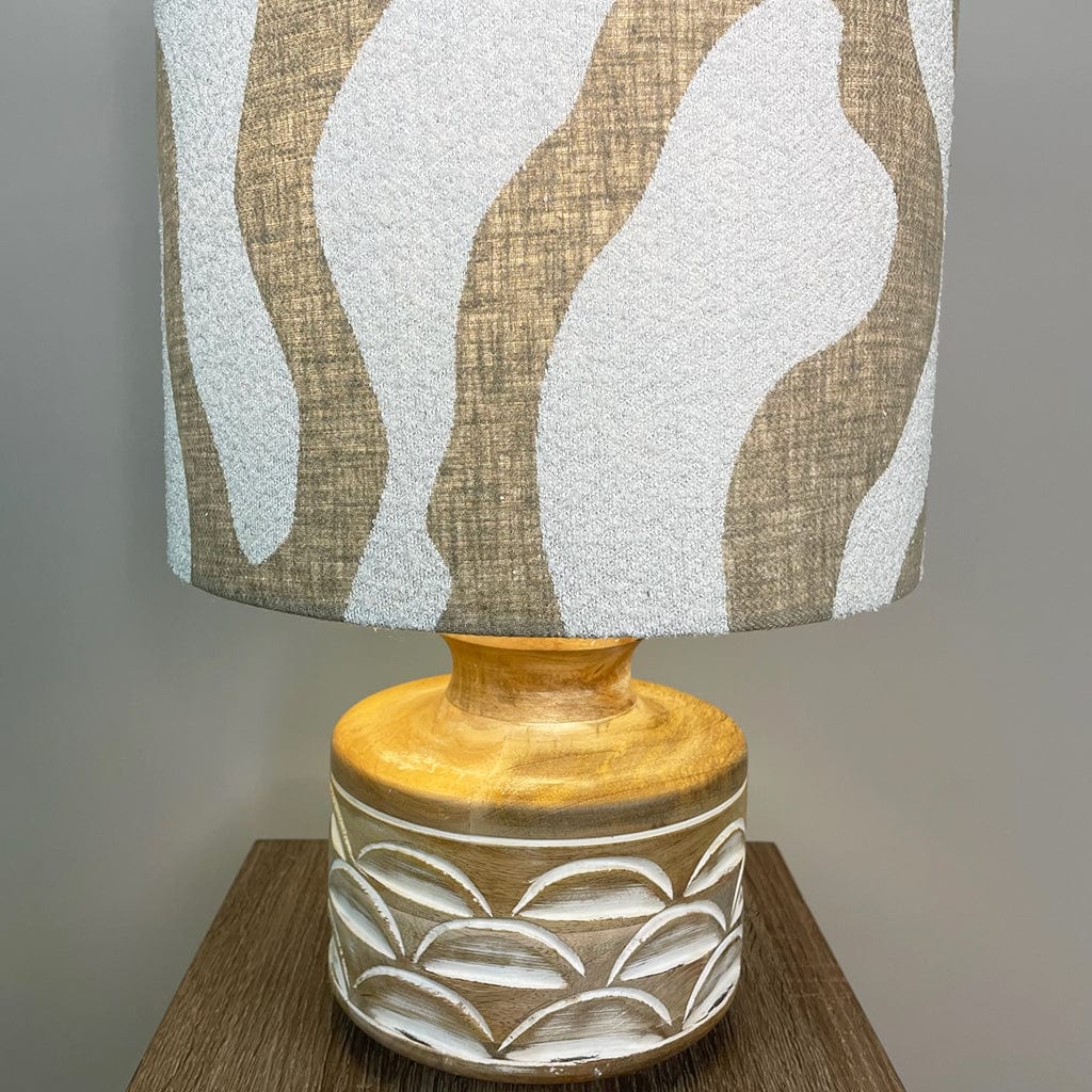 Kingsbury Small White Wash Carved Wood Table Lamp with Sigrid Birch Boucle Shade