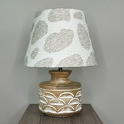 Kingsbury Small White Wash Carved Table Lamp with Bodie Ecru Boucle Tapered Shade