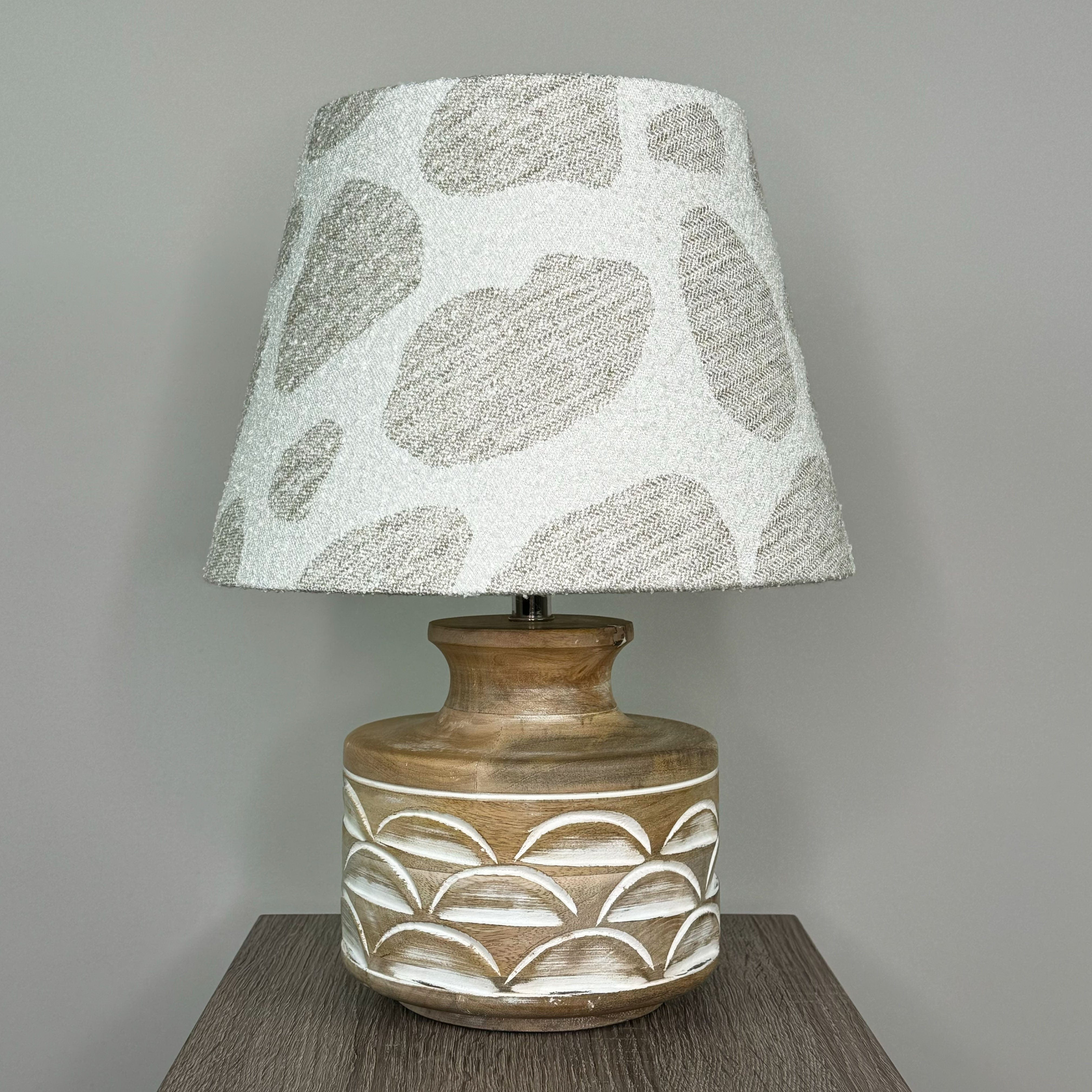 Kingsbury Small White Wash Carved Table Lamp with Bodie Ecru Boucle Tapered Shade