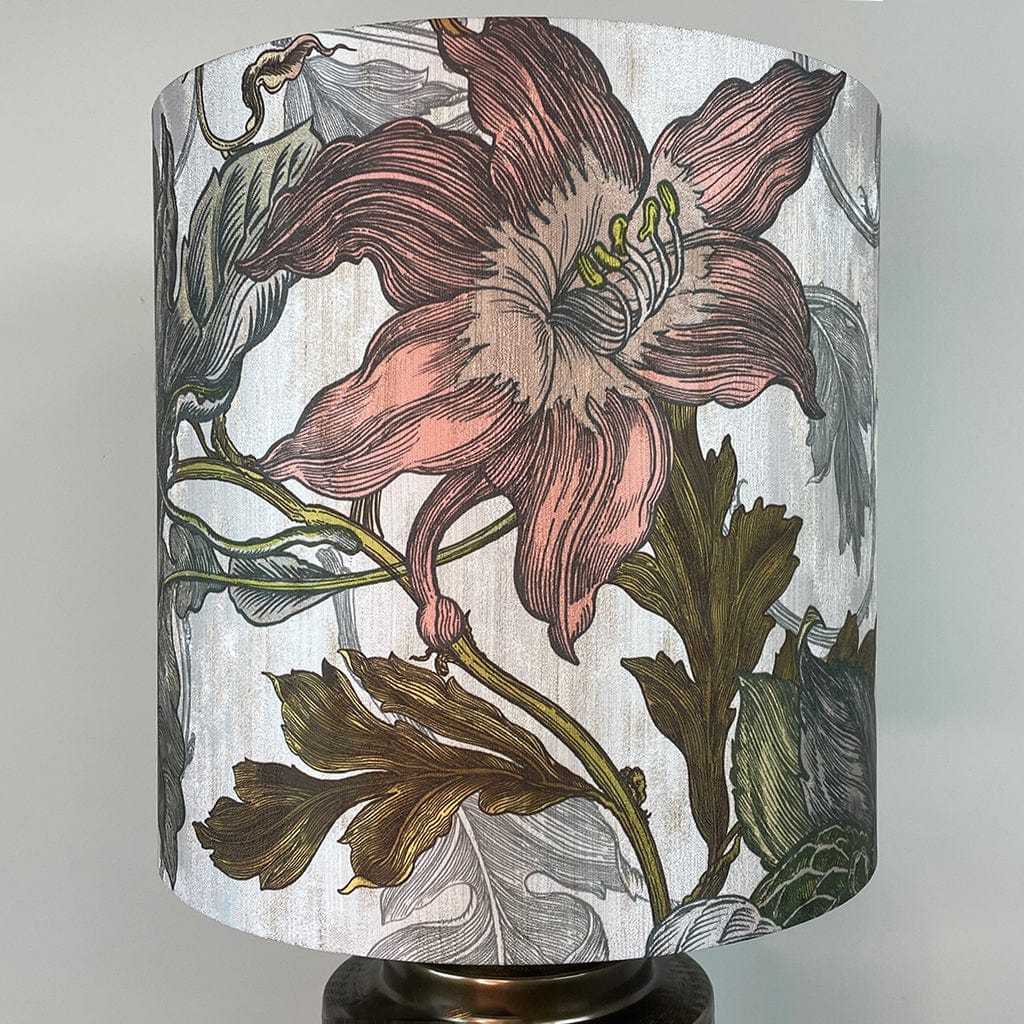 Large Antique Brass Pot Table Lamp with Timorous Beasties Epic Botanic Beige Peach Lampshade
