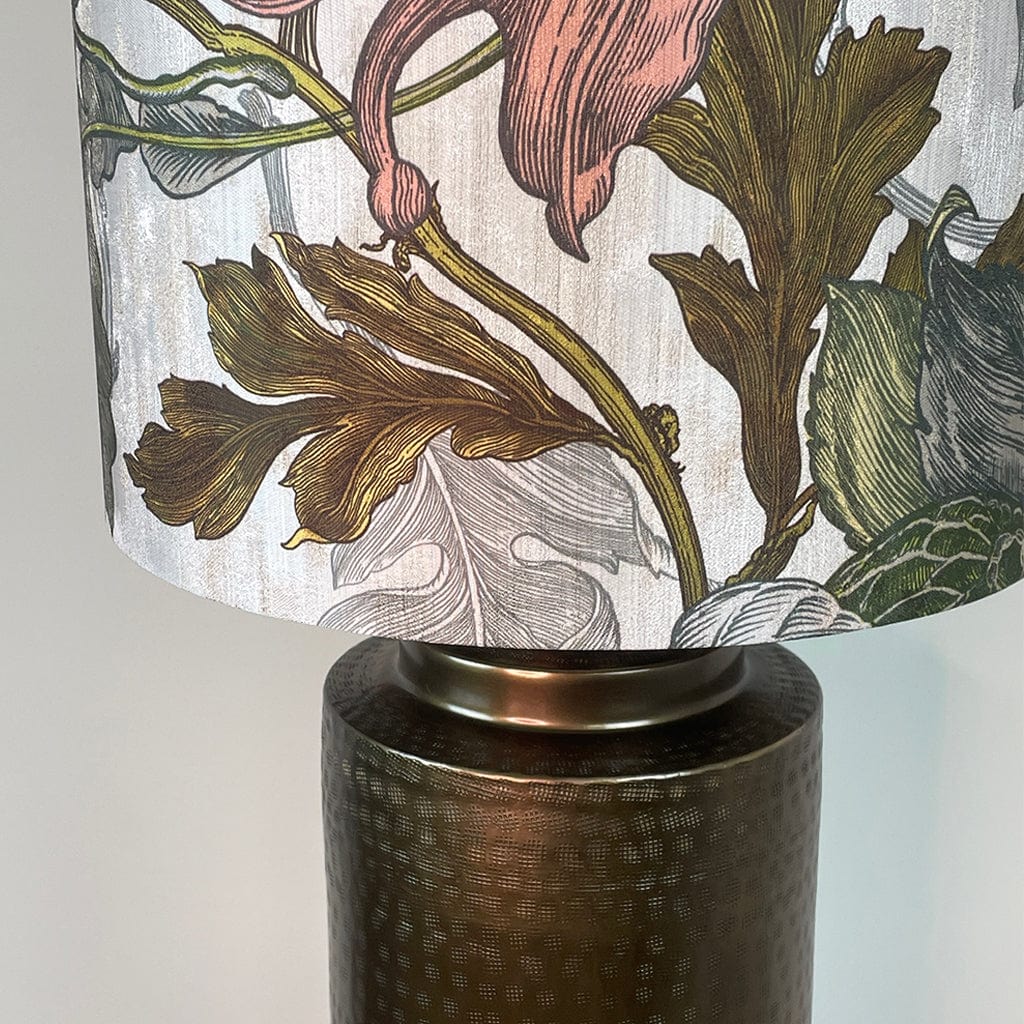 Large Antique Brass Pot Table Lamp with Timorous Beasties Epic Botanic Beige Peach Lampshade