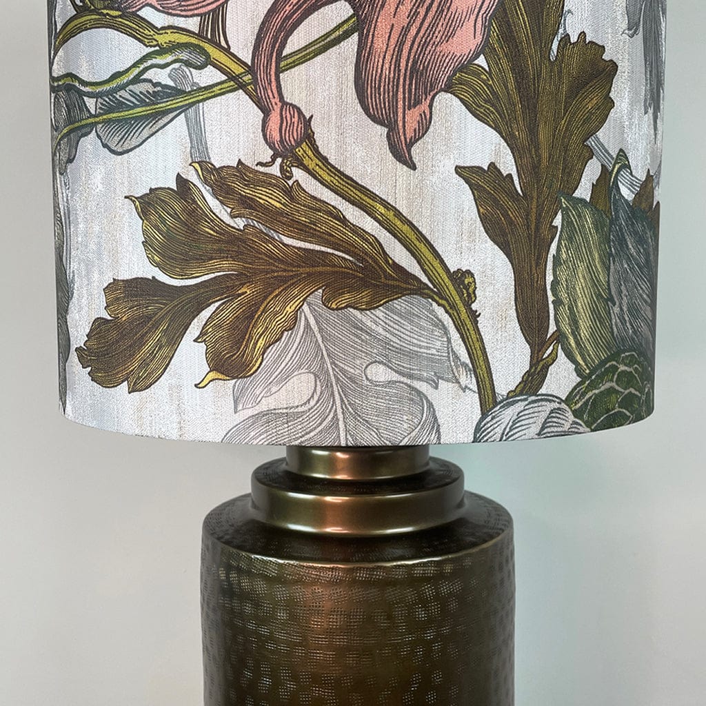 Large Antique Brass Pot Table Lamp with Timorous Beasties Epic Botanic Beige Peach Lampshade
