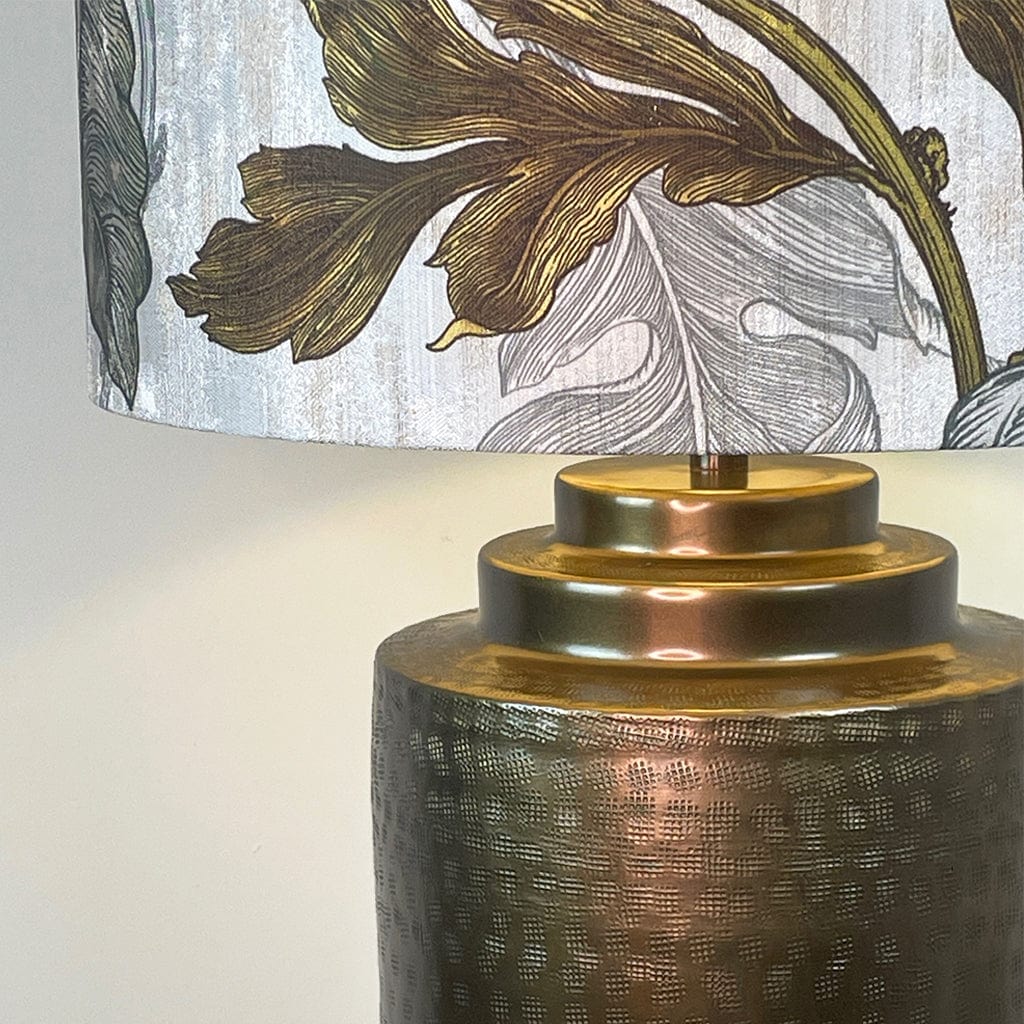 Large Antique Brass Pot Table Lamp with Timorous Beasties Epic Botanic Beige Peach Lampshade