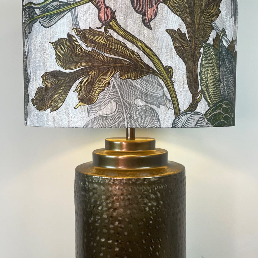 Large Antique Brass Pot Table Lamp with Timorous Beasties Epic Botanic Beige Peach Lampshade