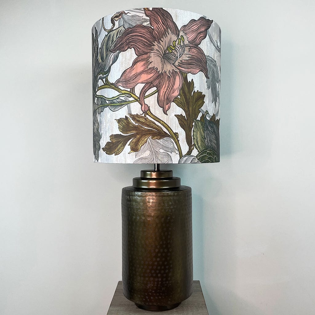 Large Antique Brass Pot Table Lamp with Timorous Beasties Epic Botanic Beige Peach Lampshade