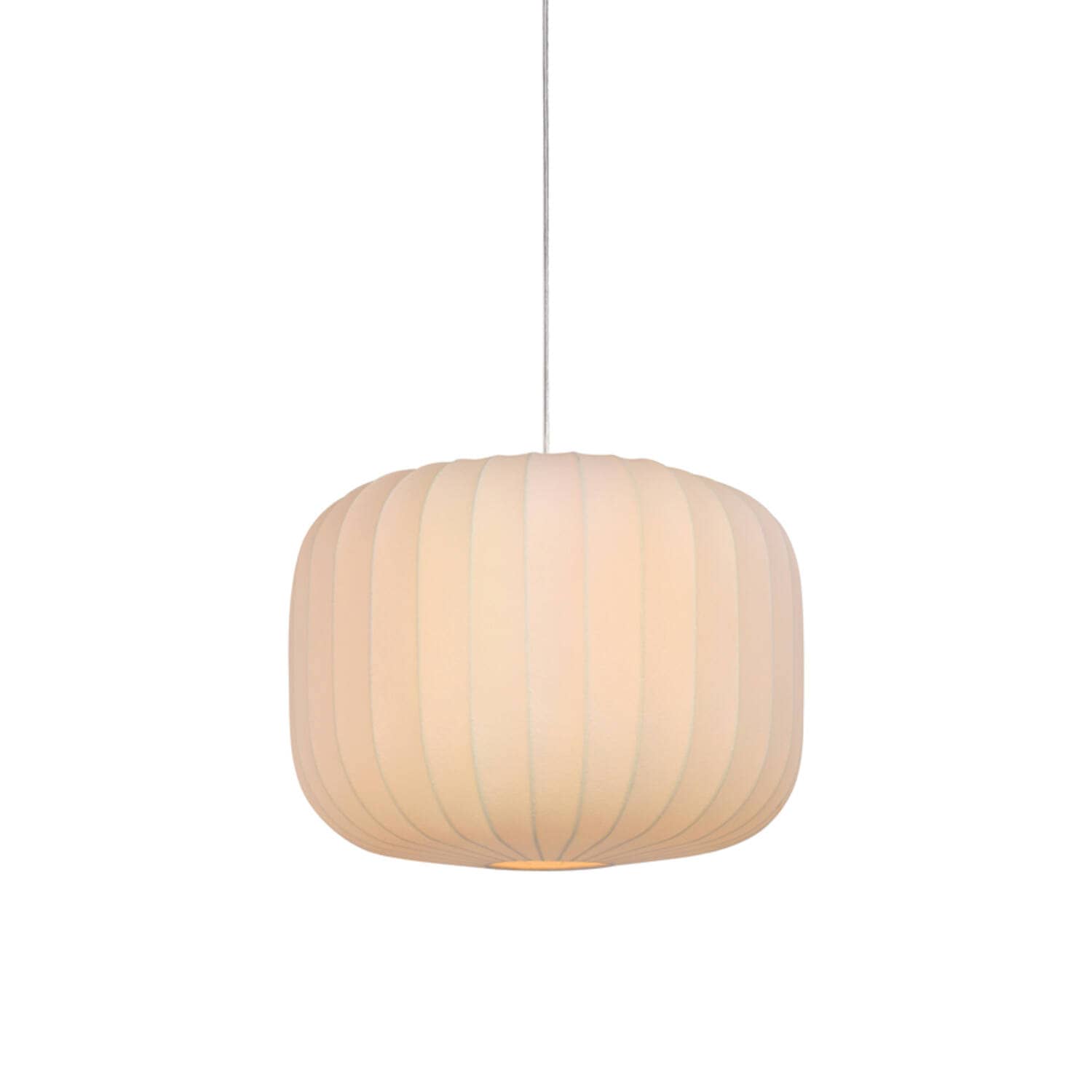 Hanging pendant made of paper with a lit bulb 