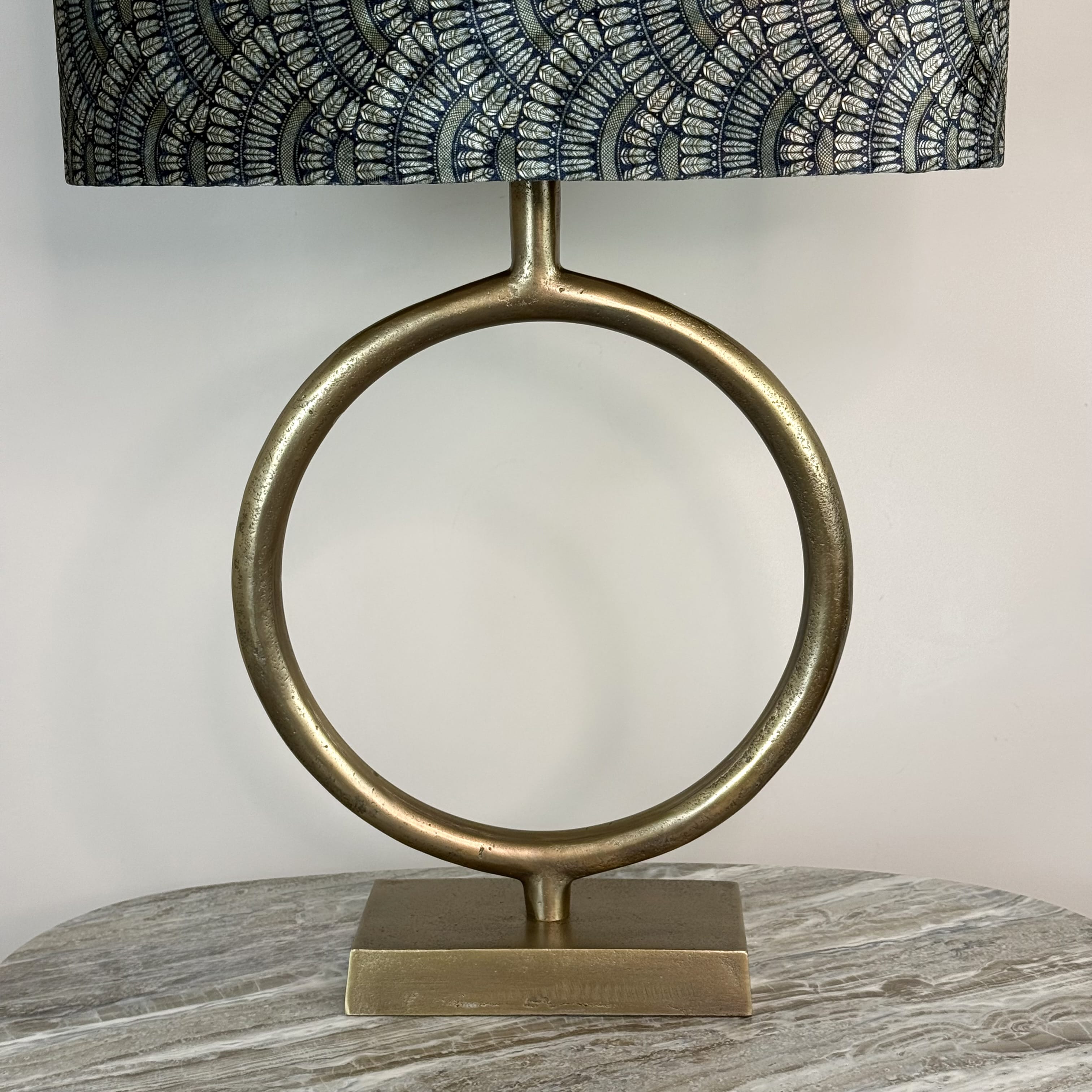 Raw Antique Bronze Table Lamp with Fantail Sapphire Velvet