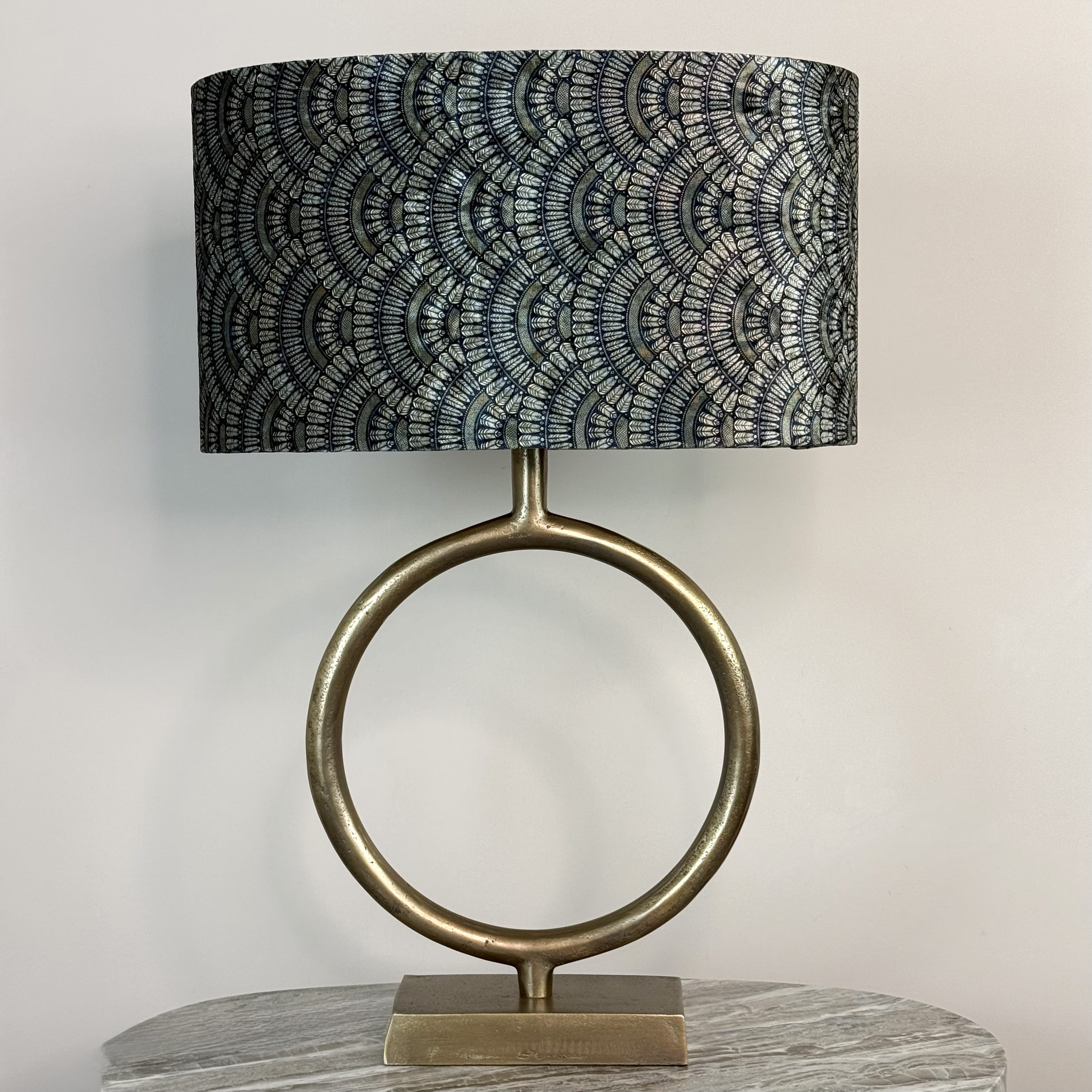 Raw Antique Bronze Table Lamp with Fantail Sapphire Velvet