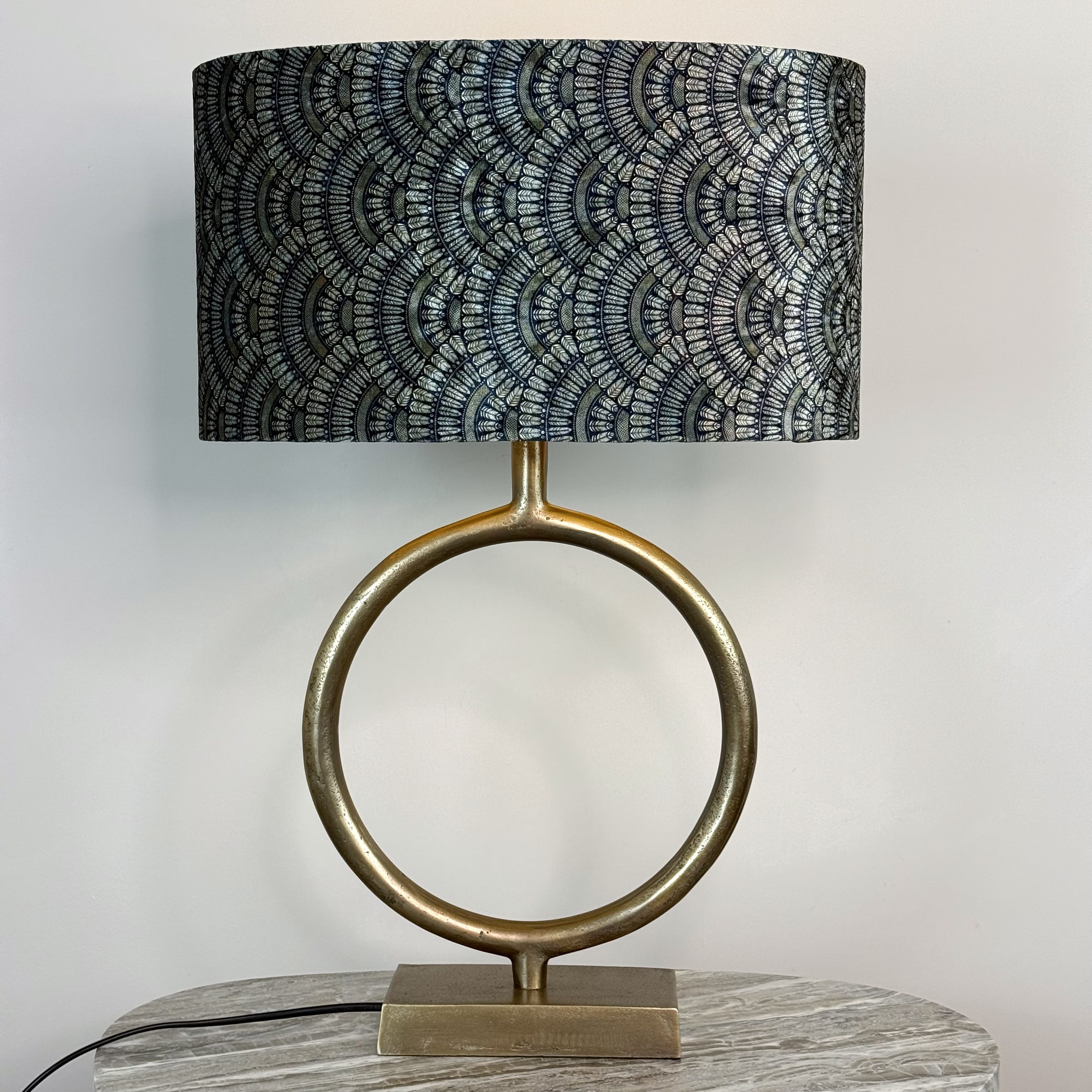 Raw Antique Bronze Table Lamp with Fantail Sapphire Velvet