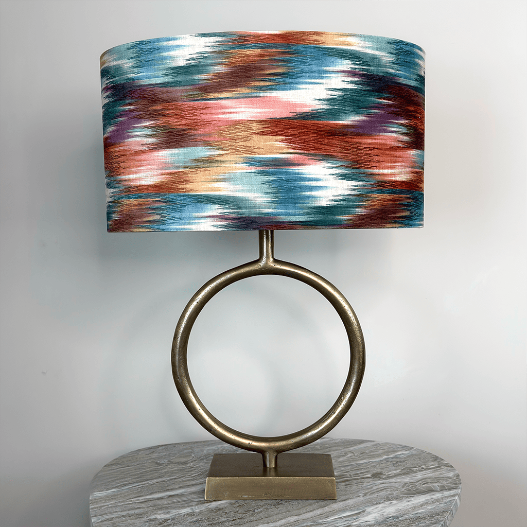 Raw Antique Bronze Table Lamp with Multicoloured Velvet Lampshade
