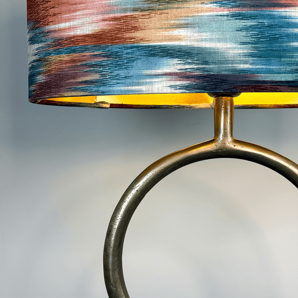 Raw Antique Bronze Table Lamp with Multicoloured Velvet Lampshade