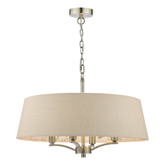 Marble Hill 4 Light Aged Brass Pendant with Linen Chinoiserie Print Shade