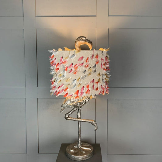 Can Can Flamingo Antique Silver Table Lamp & Fluffy Rainbow  Shade