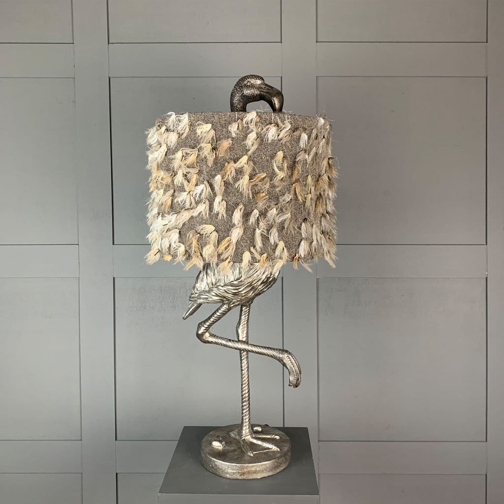 Can Can Flamingo Antique Silver Table Lamp & Fluffy Grey Shade
