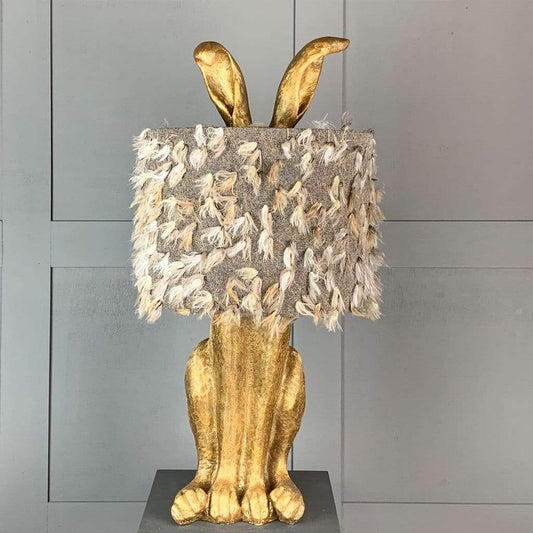 Harvey Hare Antique Brass Table Lamp & Fluffy Grey Shade